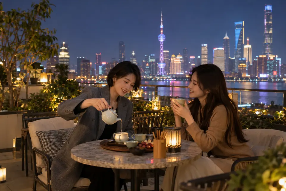 上海屋顶露台夜茶交流，朋友围坐倒茶