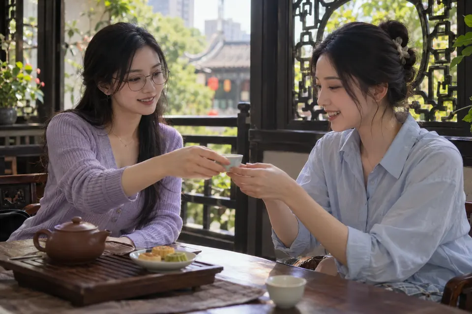 广州茶点与茶友交流，花窗旁茶杯与点心
