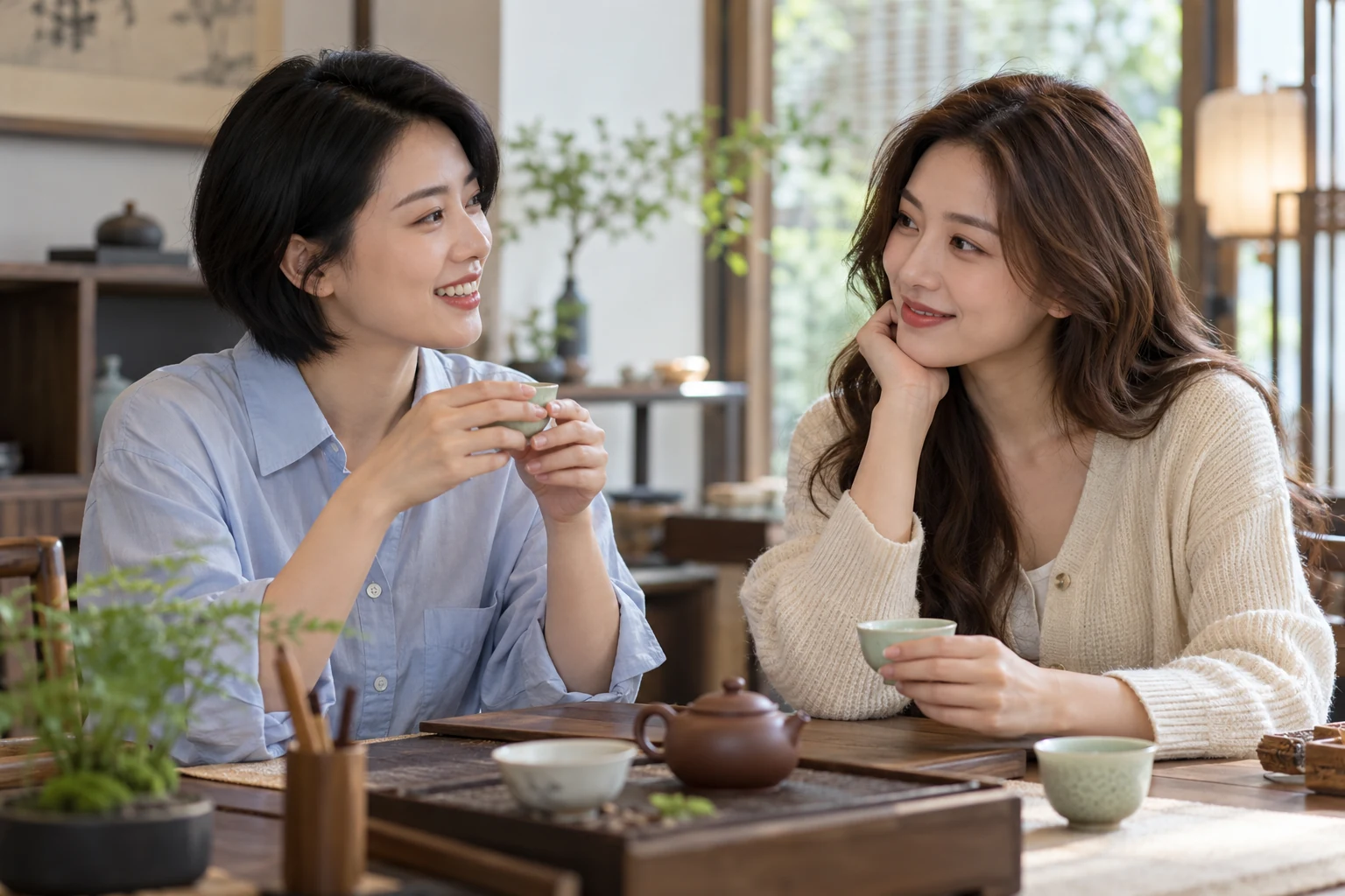 茶室中朋友围坐交流，茶席与阅读材料同处一桌